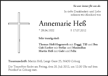 Anzeige von Annemarie Heß von MGO