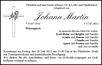 Anzeige von Johann Martin von MGO