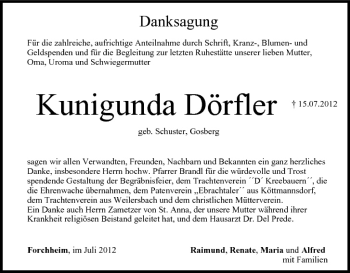 Anzeige von Kunigunda Dörfler von MGO