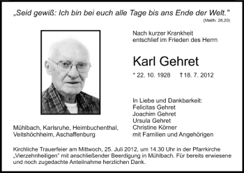 Anzeige von Karl Gehret von MGO