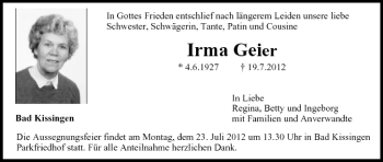 Anzeige von Irma Geier von MGO