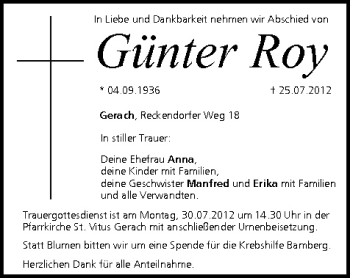Anzeige von Günter Roy von MGO
