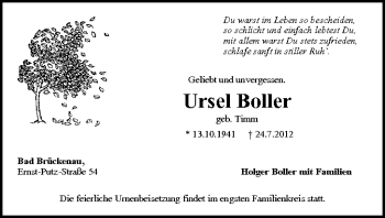 Anzeige von Ursel Boller von MGO