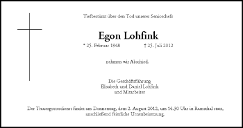 Anzeige von Egon Lohfink von MGO
