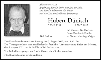 Anzeige von Hubert Dünisch von MGO