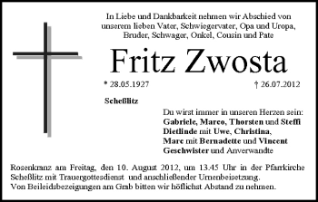 Anzeige von Fritz Zwosta von MGO