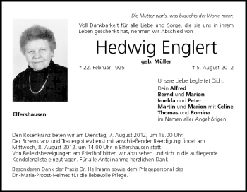 Anzeige von Hedwig Englert von MGO
