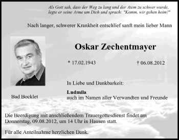 Anzeige von Oskar Zechentmayer von MGO