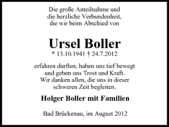 Anzeige von Ursel Boller von MGO