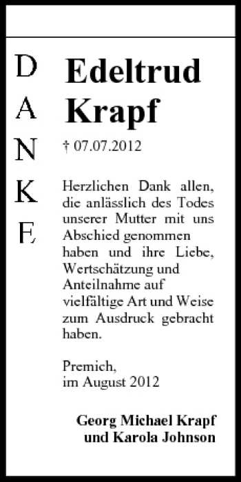 Anzeige von Edeltrud Krapf von MGO