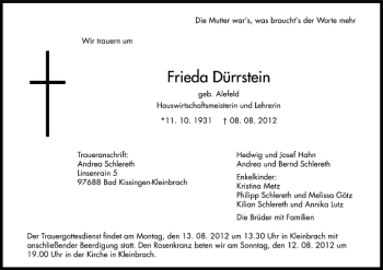 Anzeige von Frieda Dürrstein von MGO