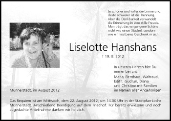 Anzeige von Liselotte Hanshans von MGO