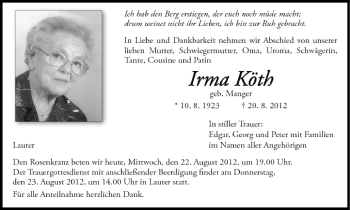 Anzeige von Irma Köth von MGO