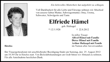 Anzeige von Elfriede Hämel von MGO