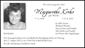 Anzeige von Margarethe Krebs von MGO
