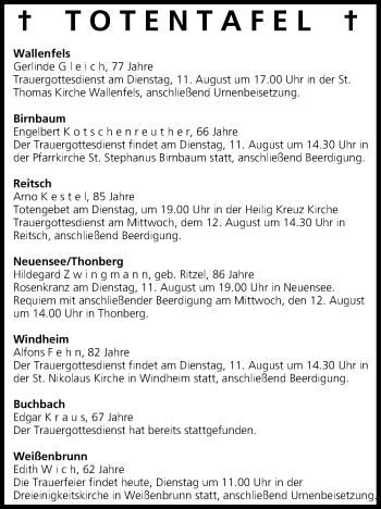 Anzeige von Totentafel vom 11.08.2015 von MGO