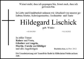 Anzeige von Hildegard Lischick von MGO