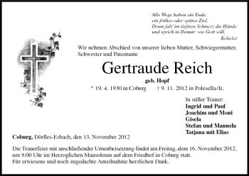 Anzeige von Gertraude Reich von MGO