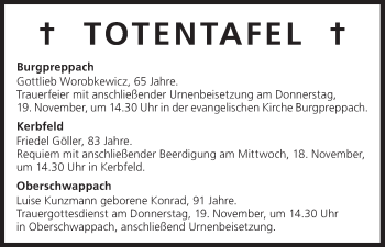 Anzeige von Totentafel vom 18.11.2015 von MGO
