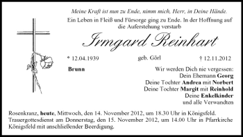 Anzeige von Irmgard Reinhart von MGO