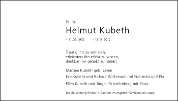 Anzeige von Helmut Kubeth von MGO