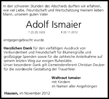 Anzeige von Adolf lsmaier von MGO