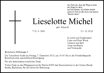 Anzeige von Lieselotte Michel von MGO