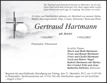 Anzeige von Gertraud Hartmann von MGO