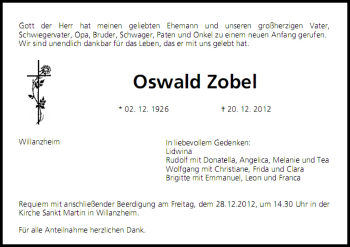 Anzeige von Oswald Zobel von MGO