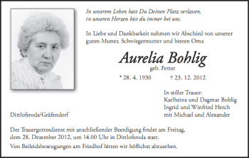 Anzeige von Aurelia Bohlig von MGO