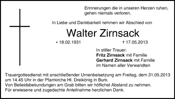 Anzeige von Walter Zirnsack von MGO