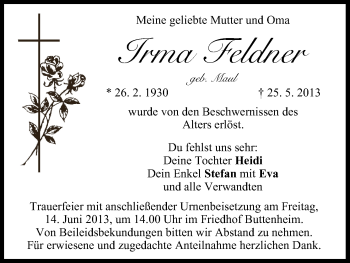Anzeige von Irma Feldner von MGO