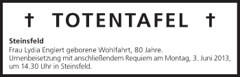 Anzeige von Totentafel vom 01.06.2013 von MGO