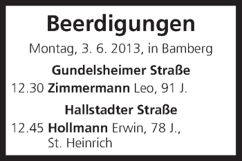 Anzeige von Beerdigungen vom 03.06.2013 von MGO