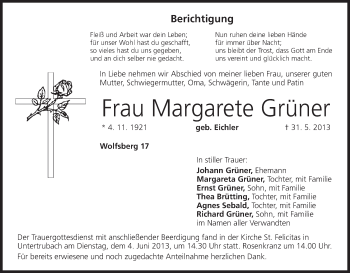 Anzeige von Margarete Grüner von MGO