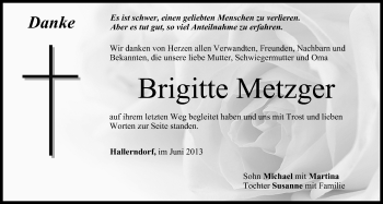 Anzeige von Brigitte Metzger von MGO