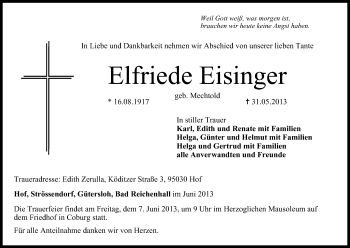 Anzeige von Elfriede Eisinger von MGO