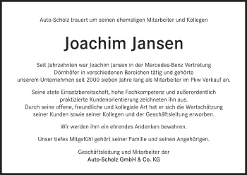 Anzeige von Joachim Jansen von MGO