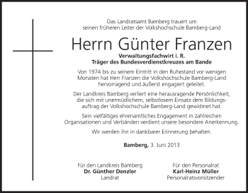 Anzeige von Günter Franzen von MGO