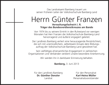 Anzeige von Günter Franzen von MGO