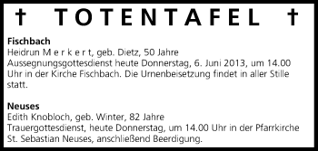 Anzeige von Totentafel vom 06.06.2013 von MGO