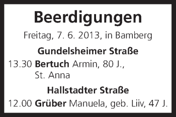 Anzeige von Beerdigung vom 07.06.2013 von MGO