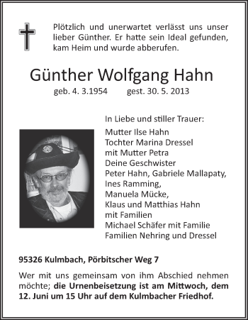Anzeige von Günther Wolfgang Hahn von MGO
