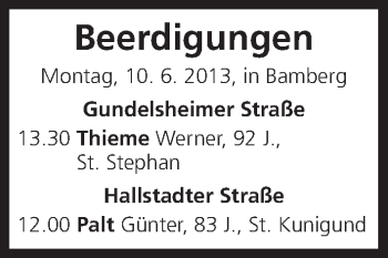 Anzeige von Beerdigungen vom 10.06.2013 von Mediengruppe Oberfranken