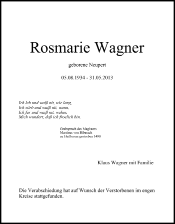 Anzeige von Rosmarie Wagner von MGO