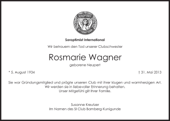 Anzeige von Rosmarie Wagner von MGO