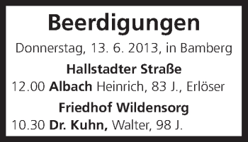 Anzeige von Beerdigungen vom 13.06.2013 von MGO