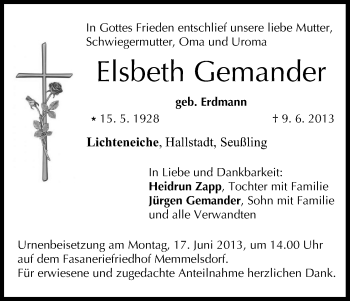 Anzeige von Elsbeth Gemander von MGO