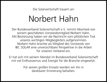 Anzeige von Norbert Hahn von MGO