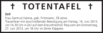 Anzeige von Totentafel vom 14.06.2013 von MGO
